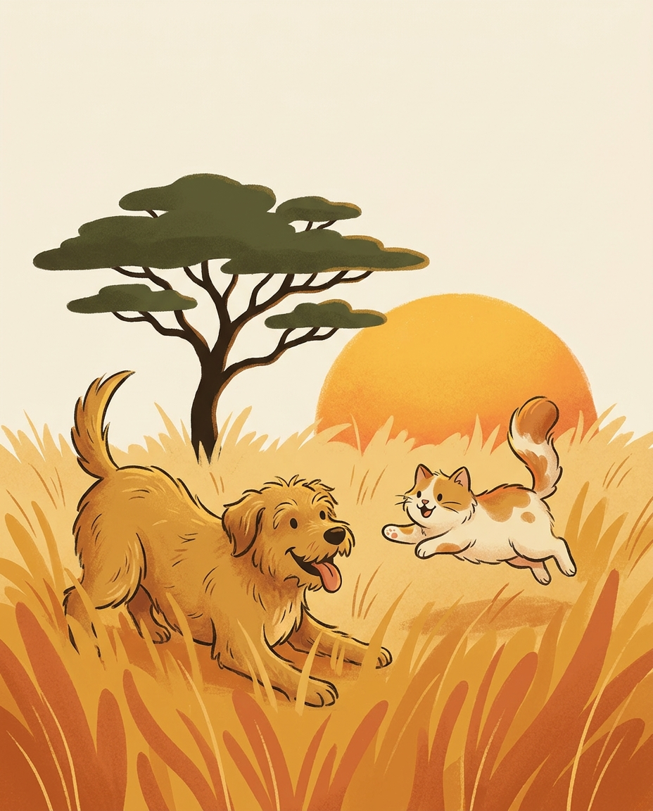 Illustration of a dog and cat playing together in golden savanna grass under an acacia tree at sunset